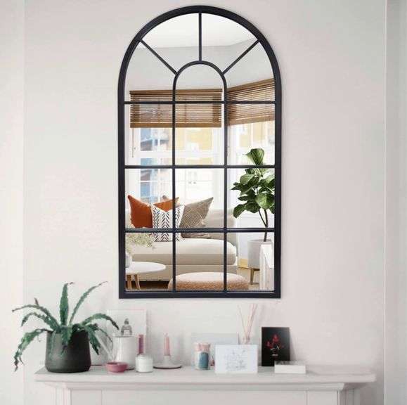 LYYYXGYP Arched Window Mirror Black Metal Frame Wall Mounted Decorative Mirror Windowpane