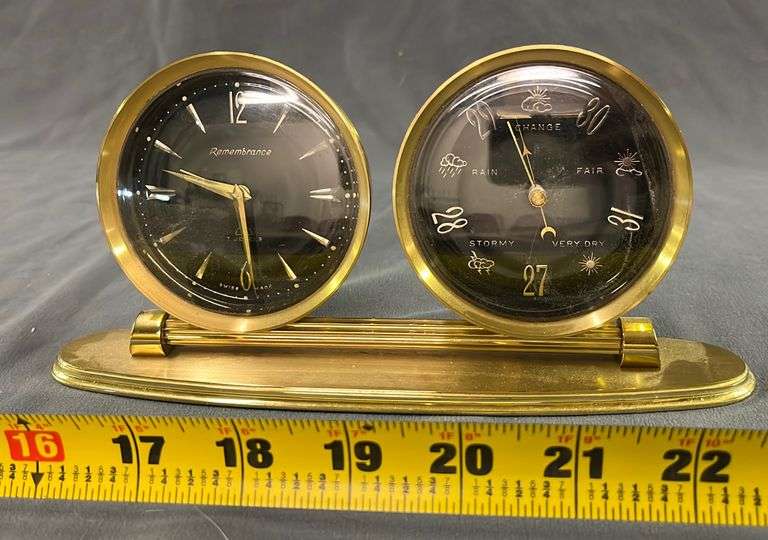 Jewels Swiss Made Brass Desk Clock Barometer WindUp Metzger Property