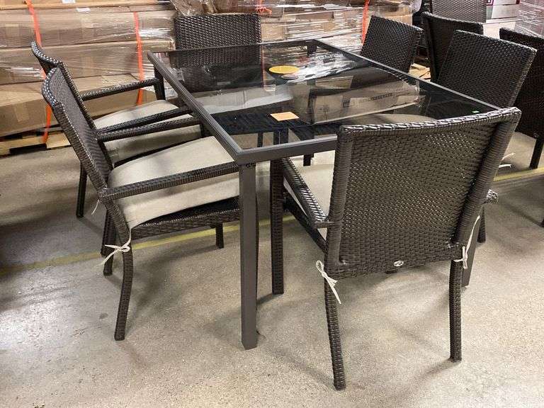 Glass Patio Dining Table, 60”x38”x29” and 6 Hampton Bay Wicker Patio