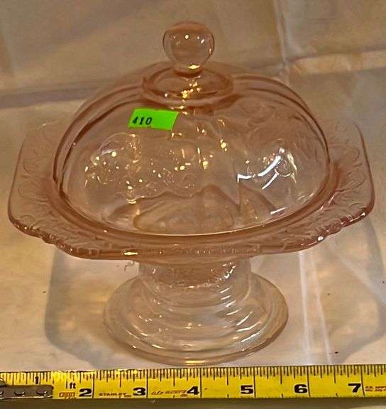 Pink Depression Glass Candy dish with lid 6” Metzger Property