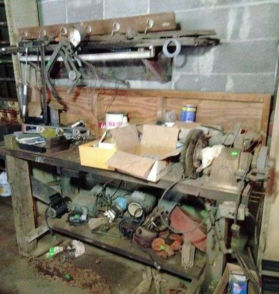 Wood workbench with vise and grinder, Misc contents on top and shelf
