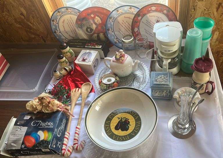 Christmas Plates, Mr. Coffee, Pasta Bowl, Glass vase with metal base