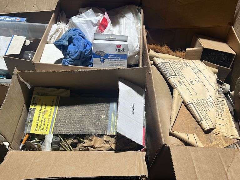 Coveralls, vapor cartridges, hardware assortment, drywall tools