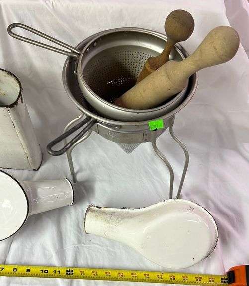 Vintage White Enamel Water Feeder • Two Enamel Urinals • Colander Seive