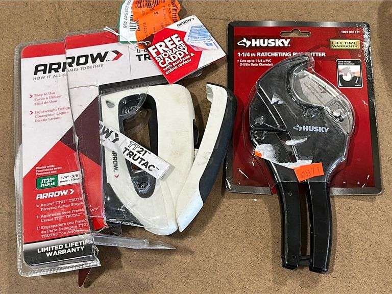 Arrow stapler and husky 11/4” ratcheting pvc cutter Metzger Property