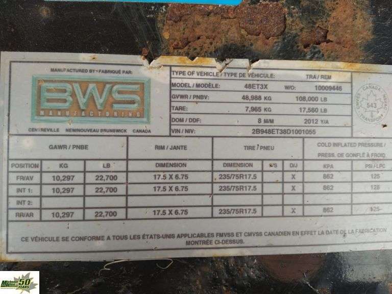 2012 BWS 48Ft X 10Ft TRI/A Step Deck Trailer Michener Allen