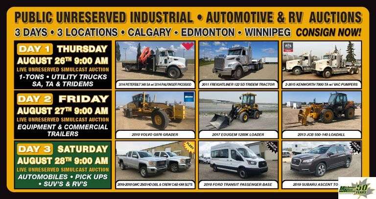 August 26, 27 & 28 - Unreserved Industrial Equipment, Automotive & RV