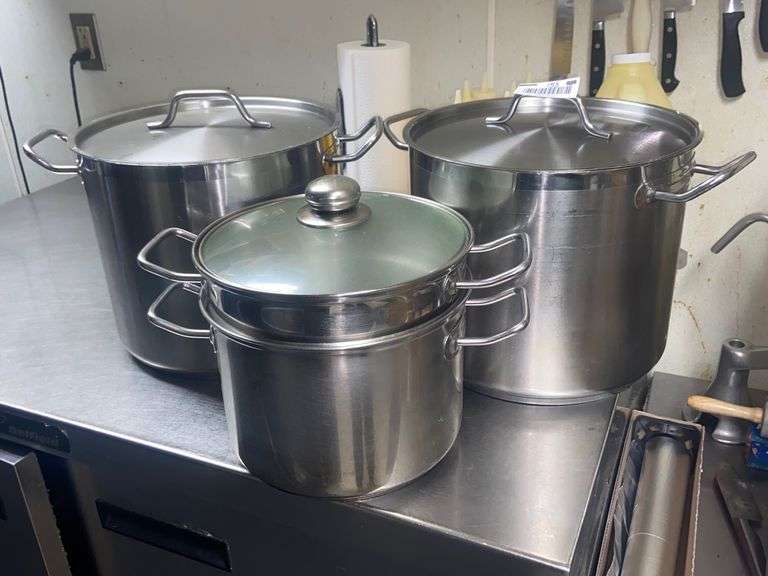 LARGE POTS, PANS AND DOUBLE BOILERS, STRAINER McLaughlin Auctioneers