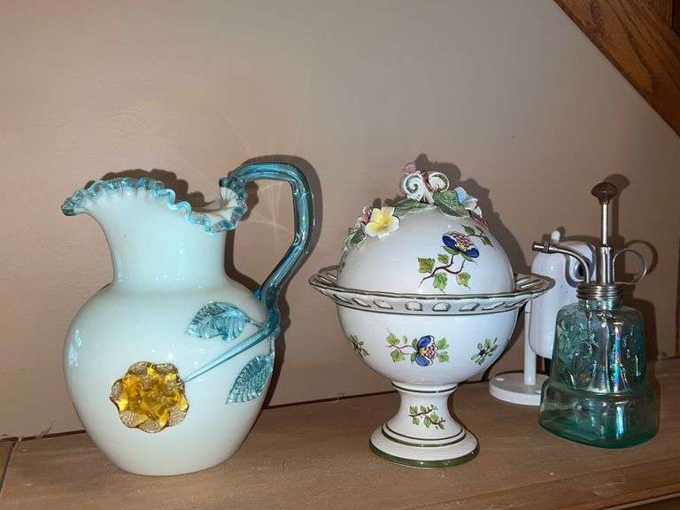 ITALIAN COMPOTE CANDY DISH WITH LID AND RUFFLED GLASS VASE McLaughlin