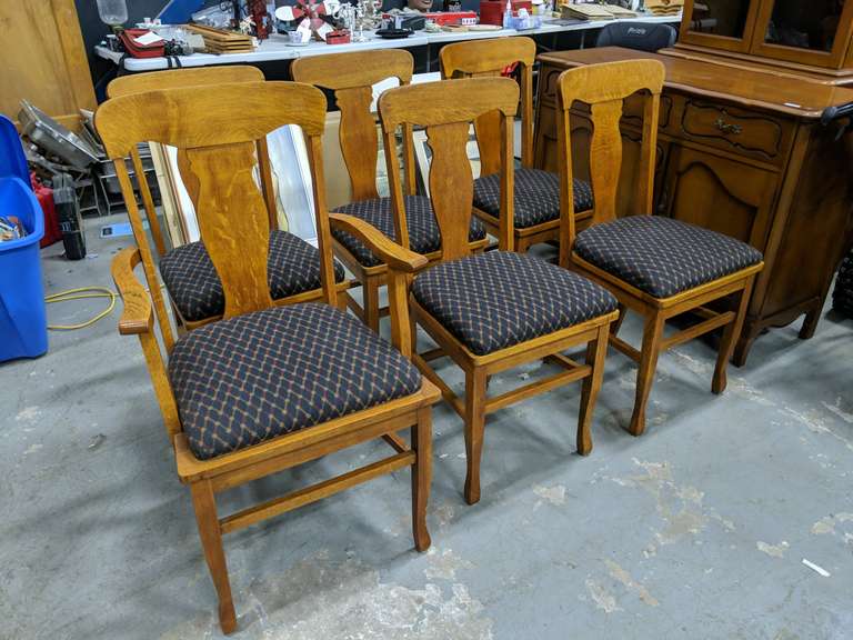 Set of 6 Refinished & Reupholstered Antique Oak Dining Chairs (circa 1900) (very sturdy & tight