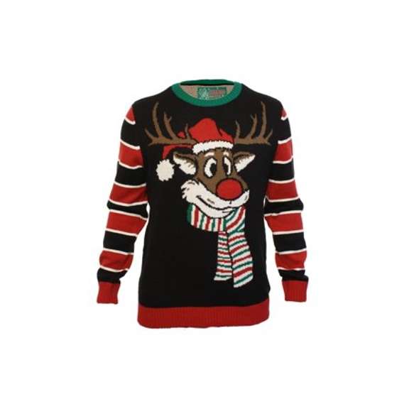 Ugly Christmas Sweater Company Men's Assorted Animals Crew Neck Xmas Sweaters, Black Reindeer 