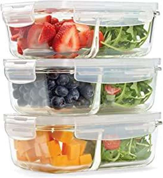 Fit & Fresh Divided Glass Containers, 3Pack, Two Compartments, Set of