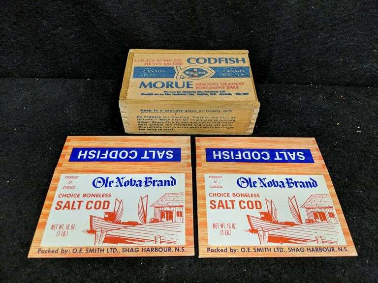 Salt Cod Wooden Box And 2 Cardboard Boxes Mariner Auctions