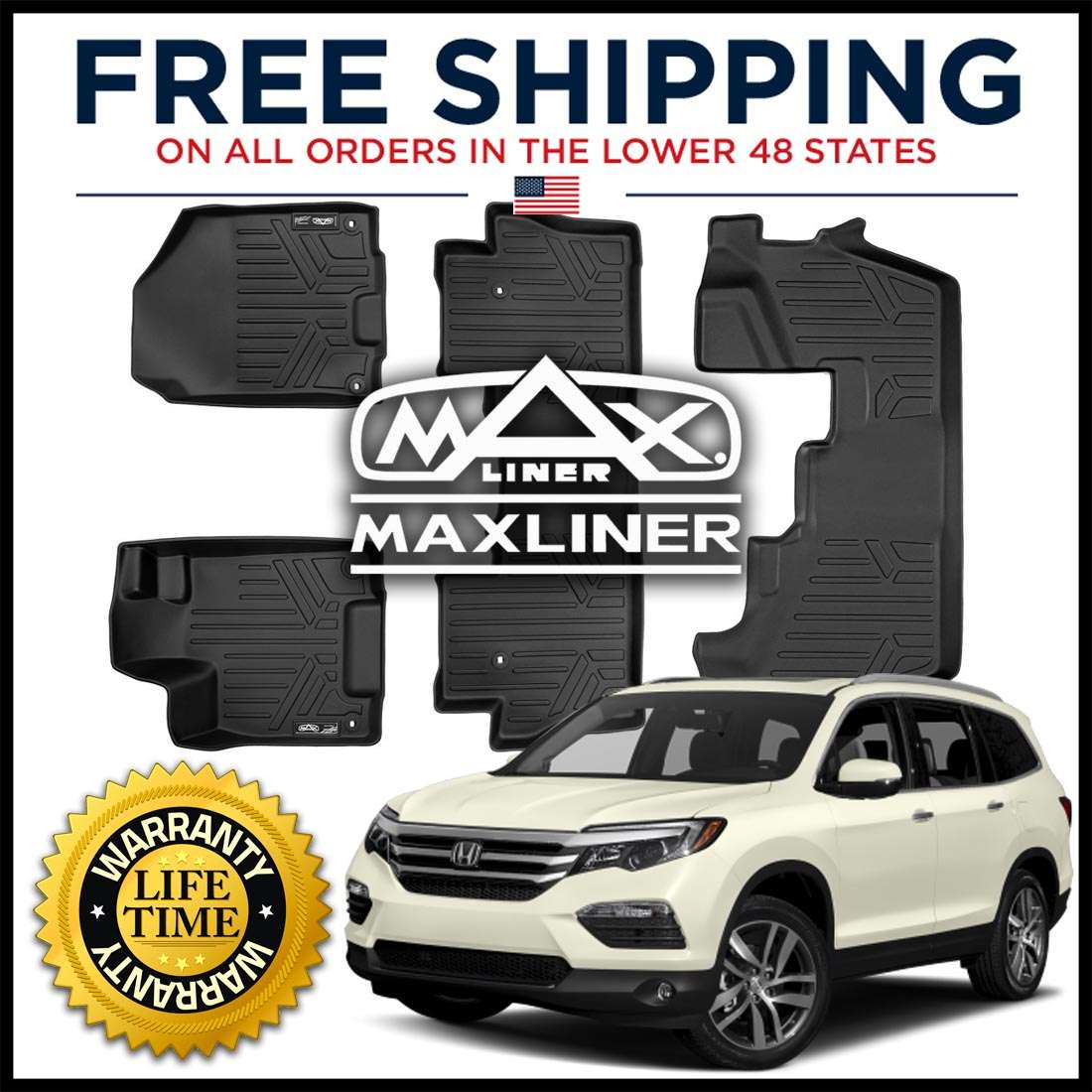 MaxLiner 1st 2nd & 3rd Row Floor Mats Set Black for 20162020 Honda
