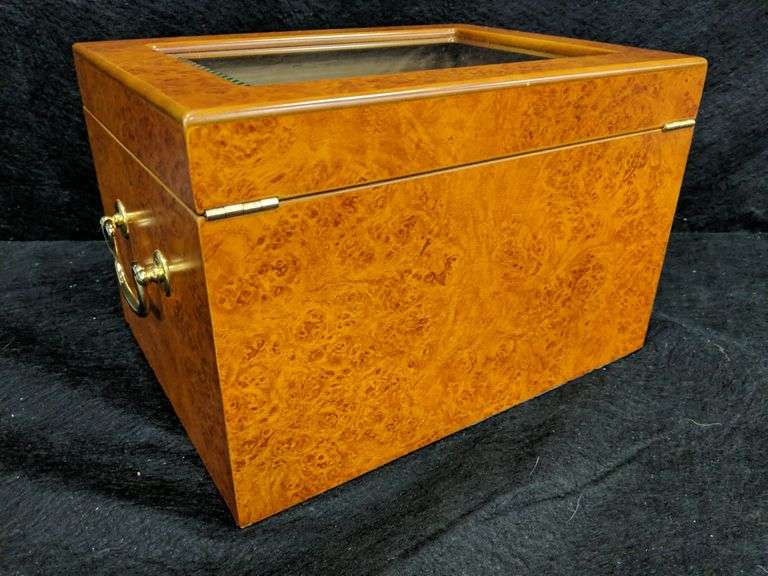 Burlwood Cigar Humidor Box With 2 Drawers , Lift Up Beveled Glass Top