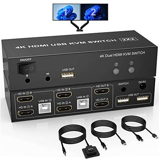 KVM Switch Dual Monitor HDMI 2 Port, 4K60Hz Extended Display KVM