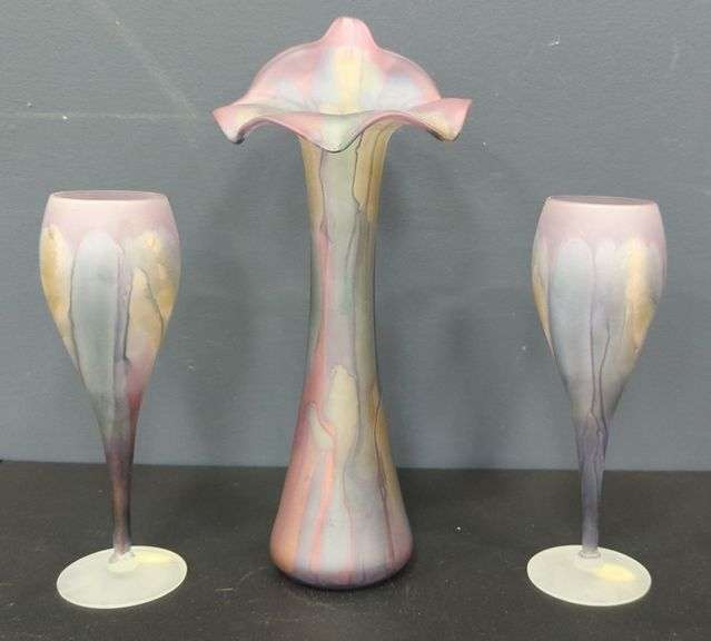 Rare Hand Crafted & Hand Painted Reuven Art Glass Vase & 2 Champagne