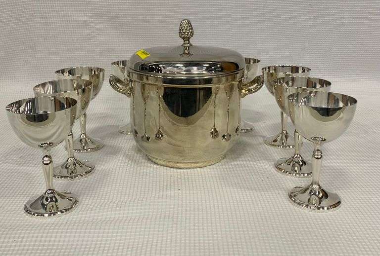Silver Plate Ice Bucket with 8 Silver Plate Wine Glasses Mariner