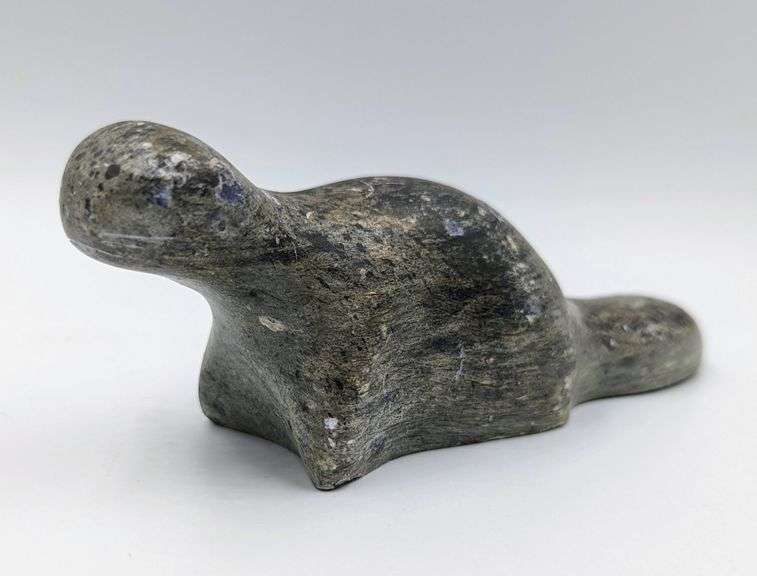 Dimu Hand Signed Inuit Soapstone Carving "Seal" (6" long, 2.5" high