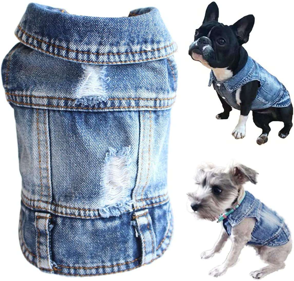 **Set of 2**Dog Jean Jacket, Puppy Blue Denim Lapel Vest Coat Costume