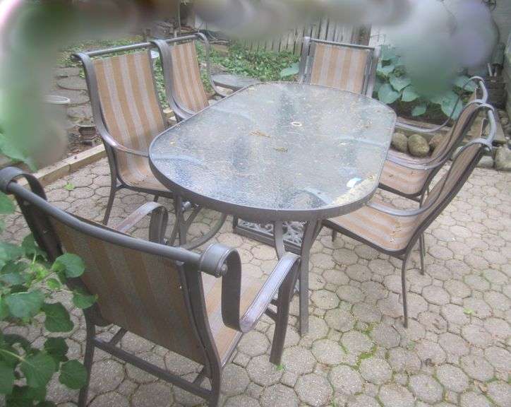 Glass top oval patio table & 6 chairs Mark Van Hook, Auctioneer