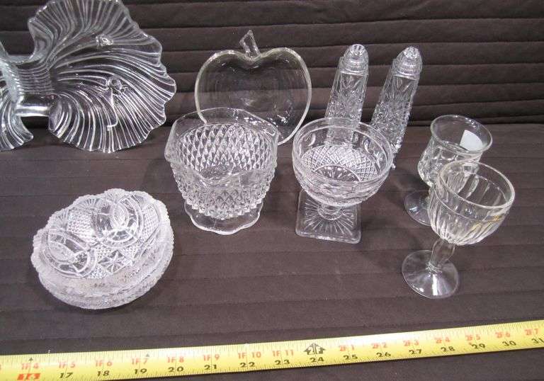 Pattern glass butter dishes, cream & sugar, nut dish, candle holders