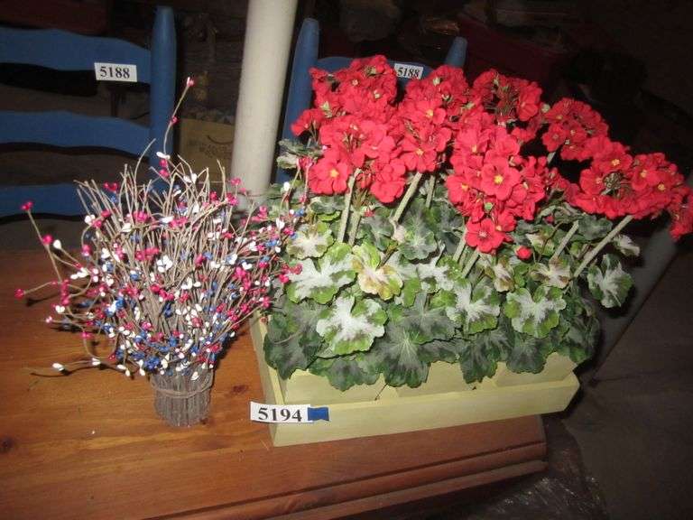 3 totes of plastic flowers, wood planter w/ faux flowers, etc. Mark