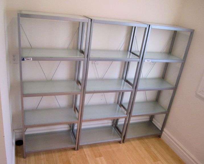 Picture of 3 metal shelving units with glass shelves - Mark Van Hook, Auctioneer