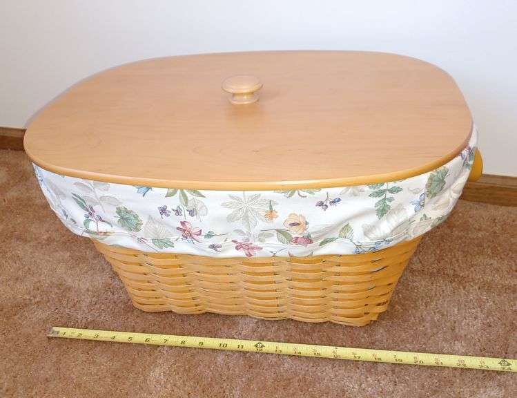 Large Longaberger Basket with leather handles, lid, protector, and