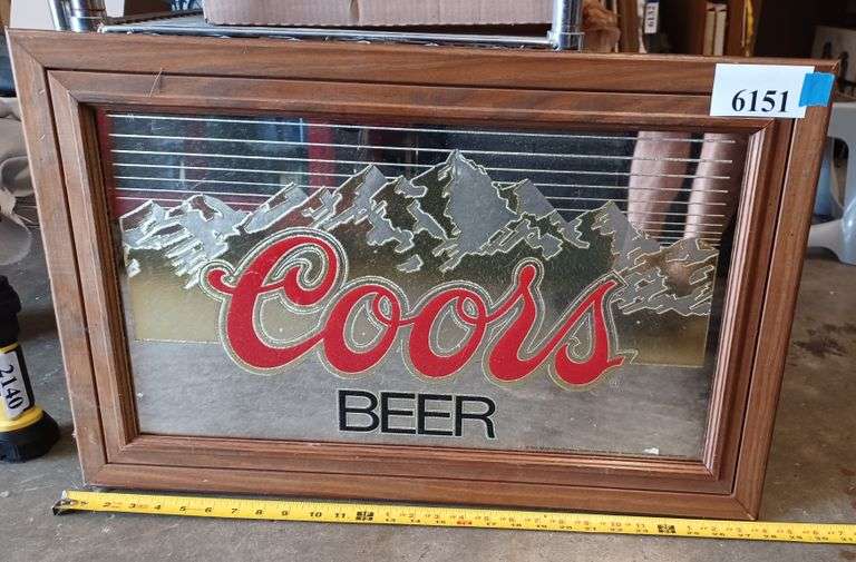 Coors beer mirror sign in wood frame Mark Van Hook, Auctioneer