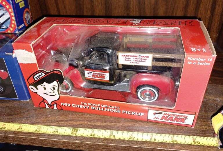 Diecast Hardware Hank truck, NASCAR truck and car, Corvette radio, all