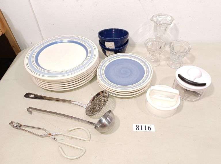 Pfaltzgraff dishes, bowls, ice cream dishes, handpowered food chopper, kitchen utensils, etc
