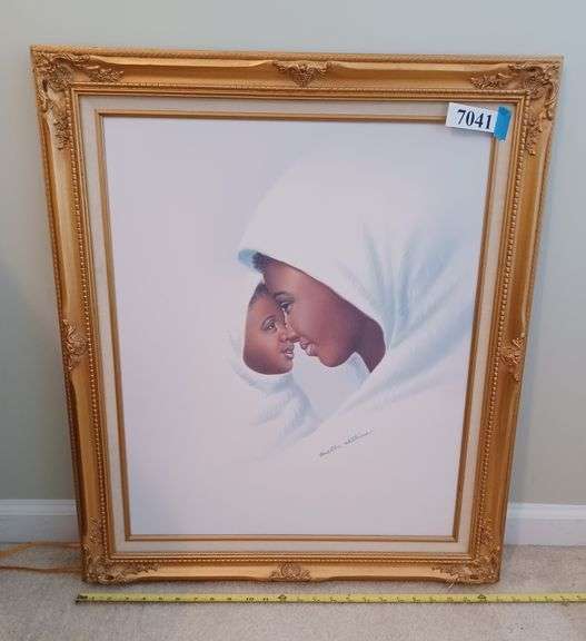 Framed mother and daughter lithograph on canvas signed Melba Watkins