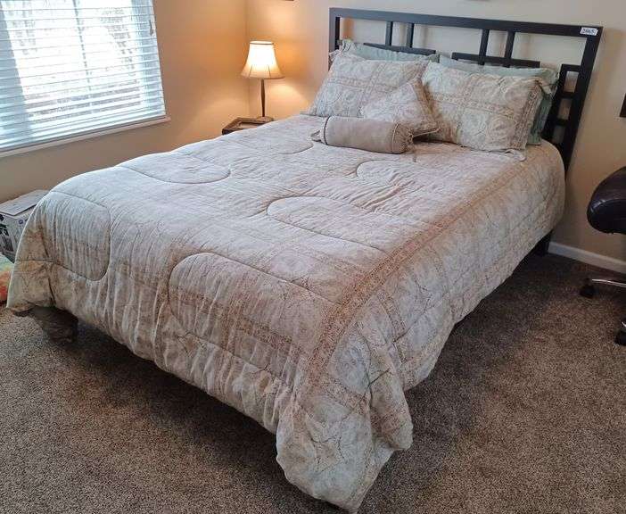 Queen size bed, mattress, and bedding Mark Van Hook, Auctioneer