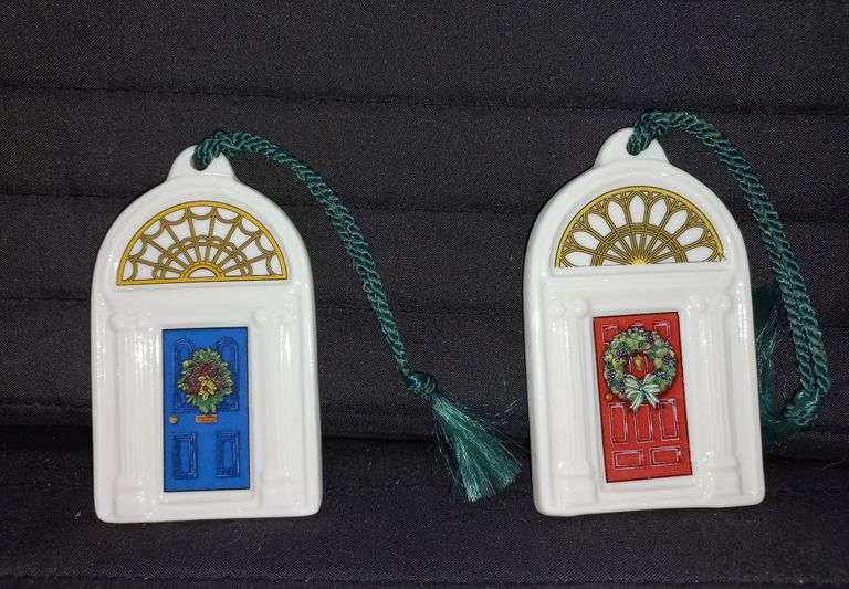 2 Belleek Doors of Dublin Christmas Ornaments Mark Van Hook, Auctioneer
