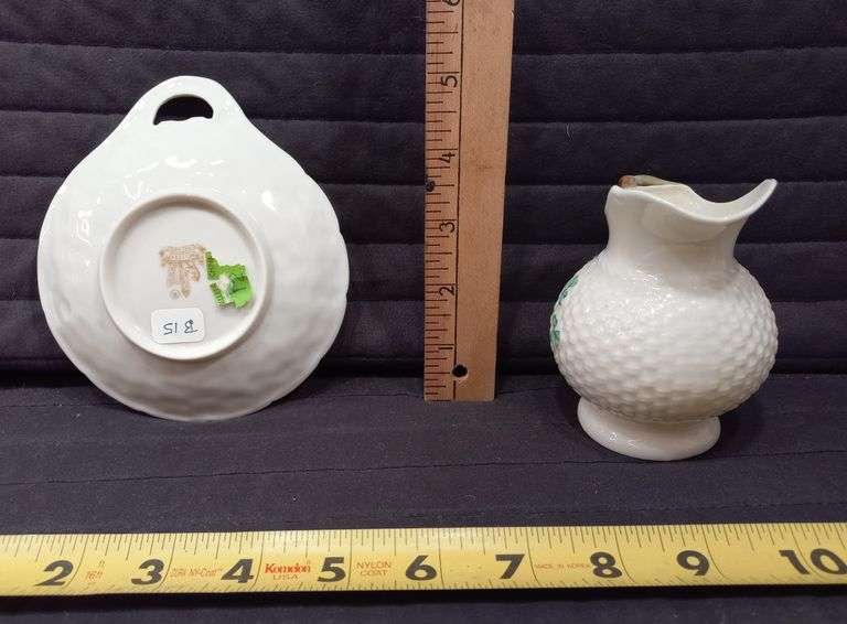 Belleek small Shamrock dish and pitcher Mark Van Hook, Auctioneer