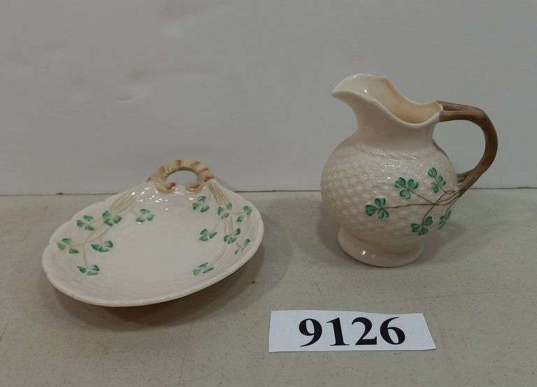 Belleek small Shamrock dish and pitcher Mark Van Hook, Auctioneer