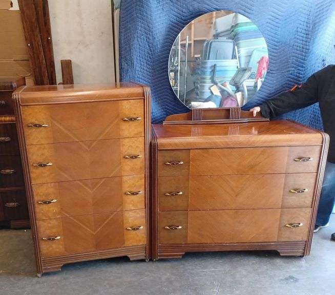 Vintage waterfall style dresser with mirror and matching chest of
