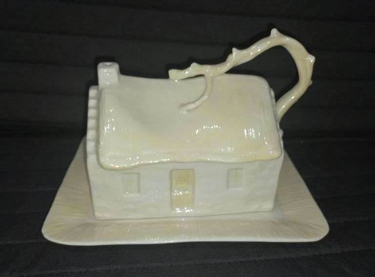 Belleek Irish Cottage Butter Dish Mark Van Hook, Auctioneer