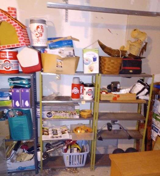 Two metal utility shelves and contents including Ohio State coolers and
