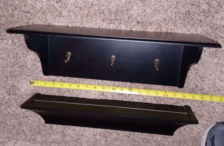 2 black wall shelves, one with plate slot, one with coat hooks Mark Van Hook, Auctioneer