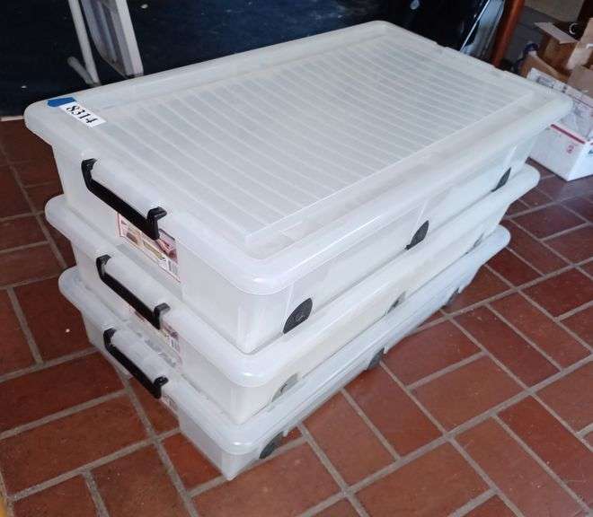 3 plastic rolling underbed storage totes with latching lids Mark Van