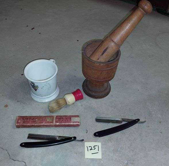 Wood mortar and pestle, shaving mug and brush, two straight razors Mark Van Hook, Auctioneer