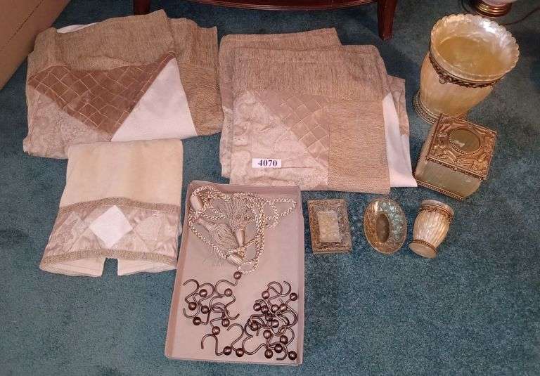 Bathroom set including shower curtains and hooks, bath towel