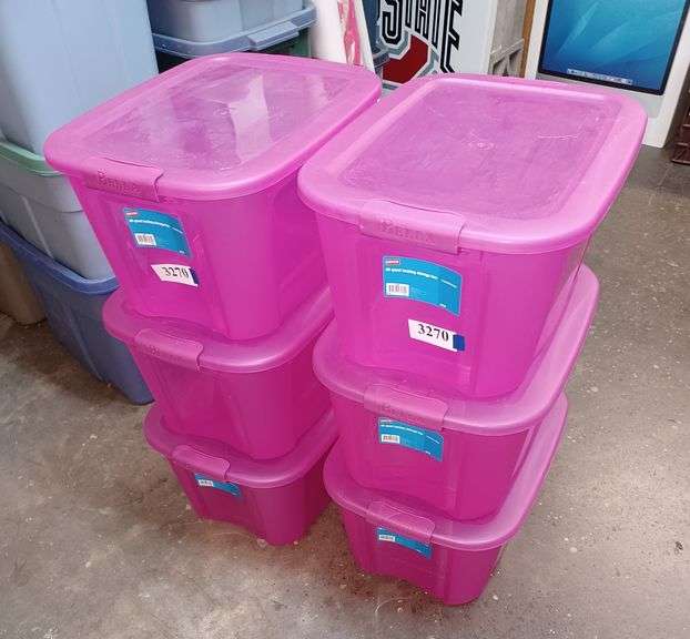 (6) pink 40 quart Bella storage totes with locking lids Mark Van Hook