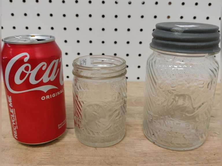 2 Jumbo peanut butter jars, small jar, on bottom patd June 24, 1930