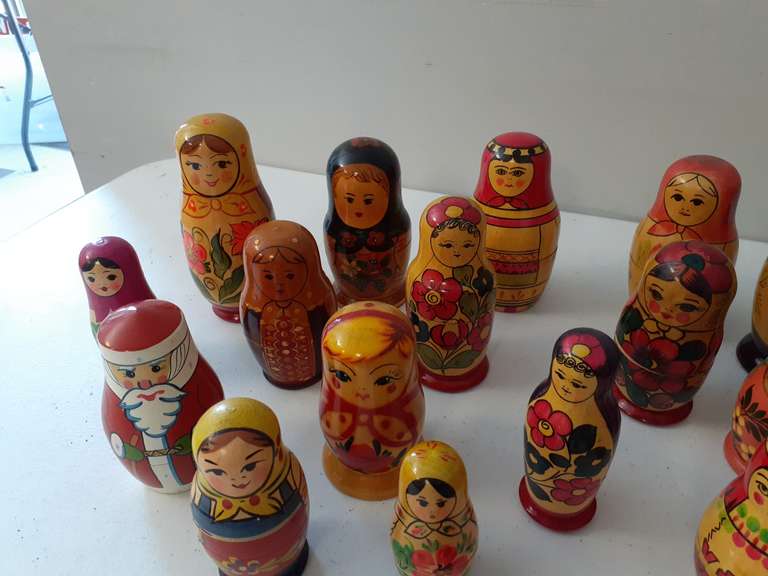 Collection of 30 Wooden Nesting Dolls Many are marked Made in USSR
