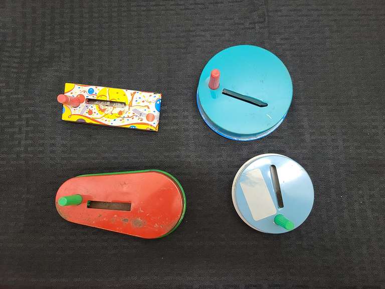 4 Vintage metal noise makers. 1965 Piggy Bank card game. 1960's party