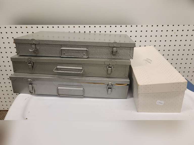 3 Brumberger metal slide storage boxes, (15" W x 8" D x 2" T) & 1 box of slides.