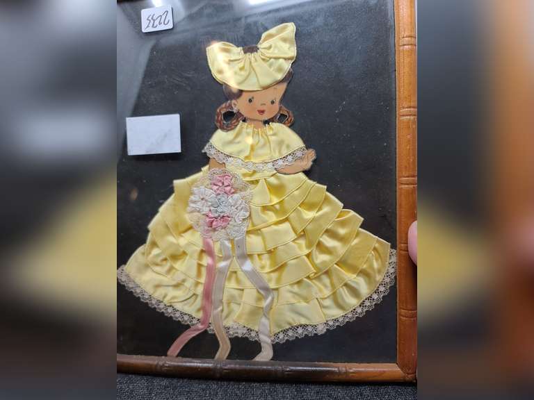 Vintage yellow ribbon dress paper doll. Ziploc of vintage clothes, may